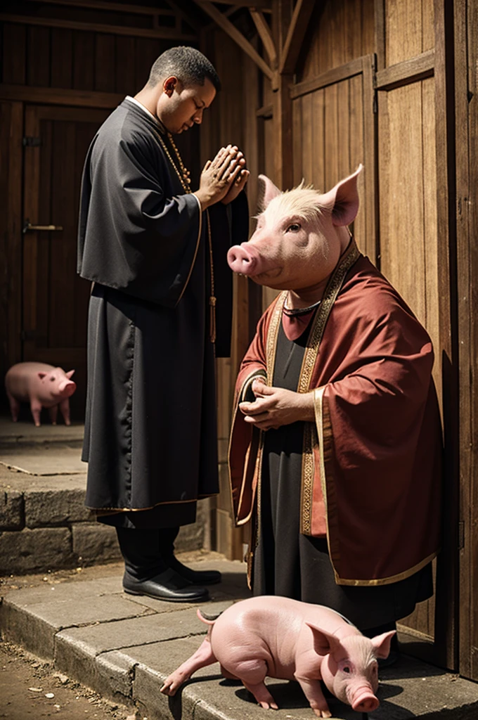 A pig priest praying to god with a pig's head
