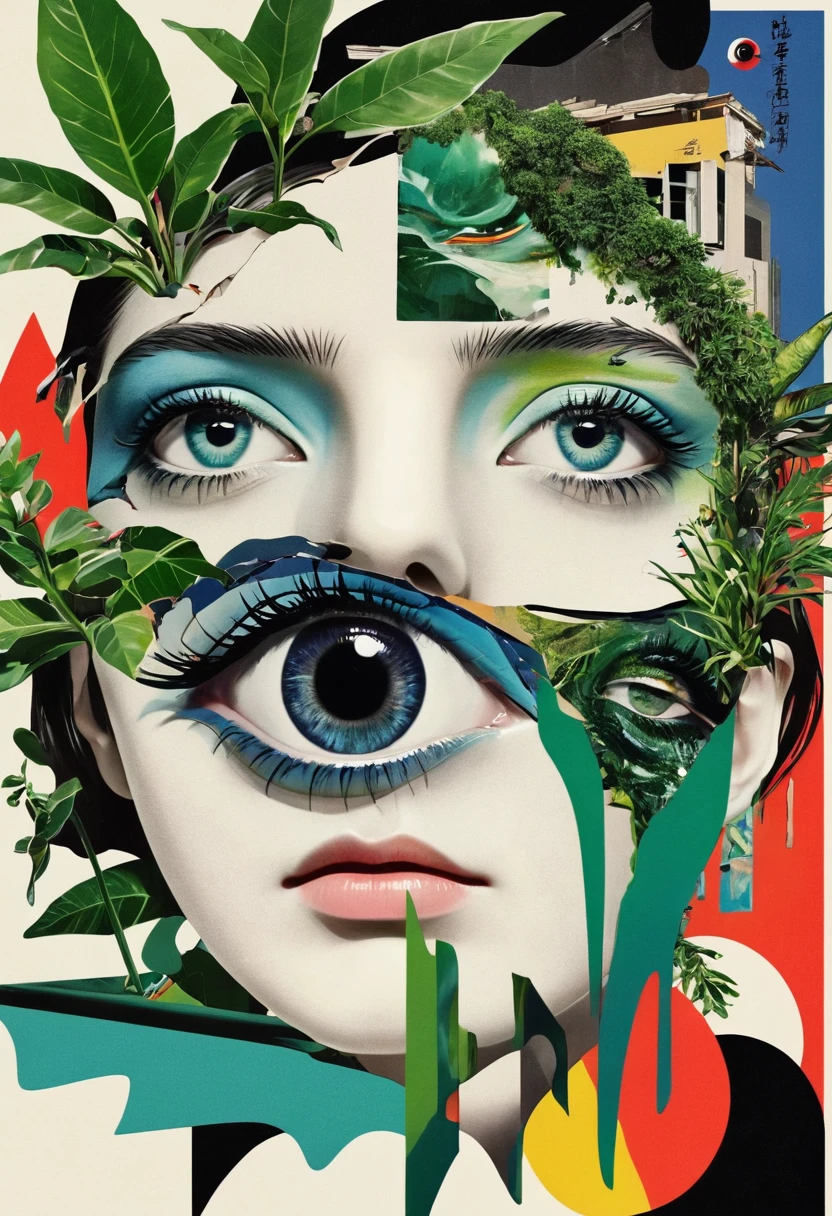 poster design,dadaist,Eye,Distorted faces,Deconstruction,Eye上的建筑,plant,Splicing,3D space