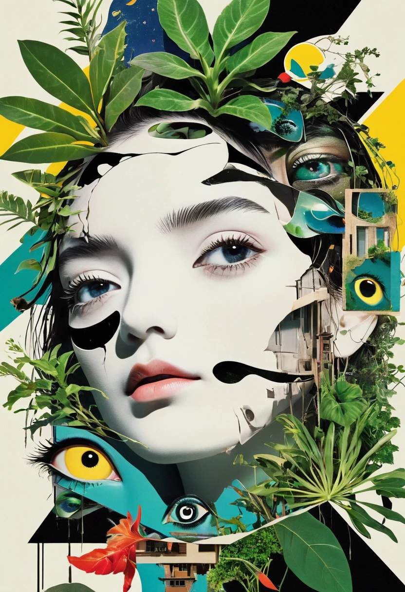 poster design,dadaist,Eye,Distorted faces,Deconstruction,Eye上的建筑,plant,Splicing,3D space