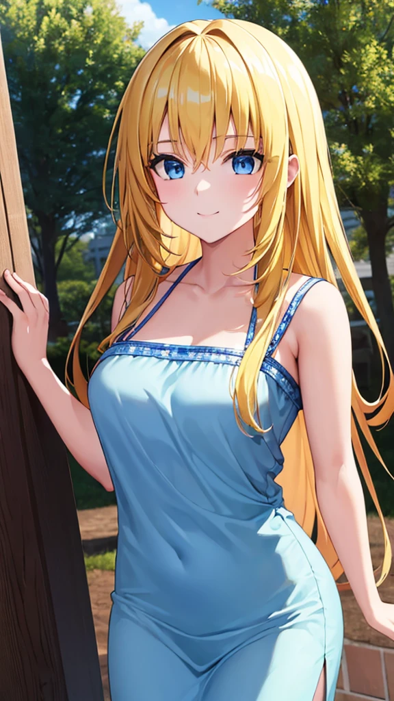 (masterpiece:1.3), (best quality:1.1), (8k, ultra detailed, ultra high res:1.2), ((anime style)), perfect 5 fingers, perfect anatomy, 
1girl,
BREAK long hair, wavy hair, 
(blonde hair), 
(blue eyes), 
medium breasts, camisole, (Sequins:1.2), 
BREAK smile, 
(gazing skyward:1.4), standing, shoot from front, 
cowboy shot, 
outdoor, sky, 