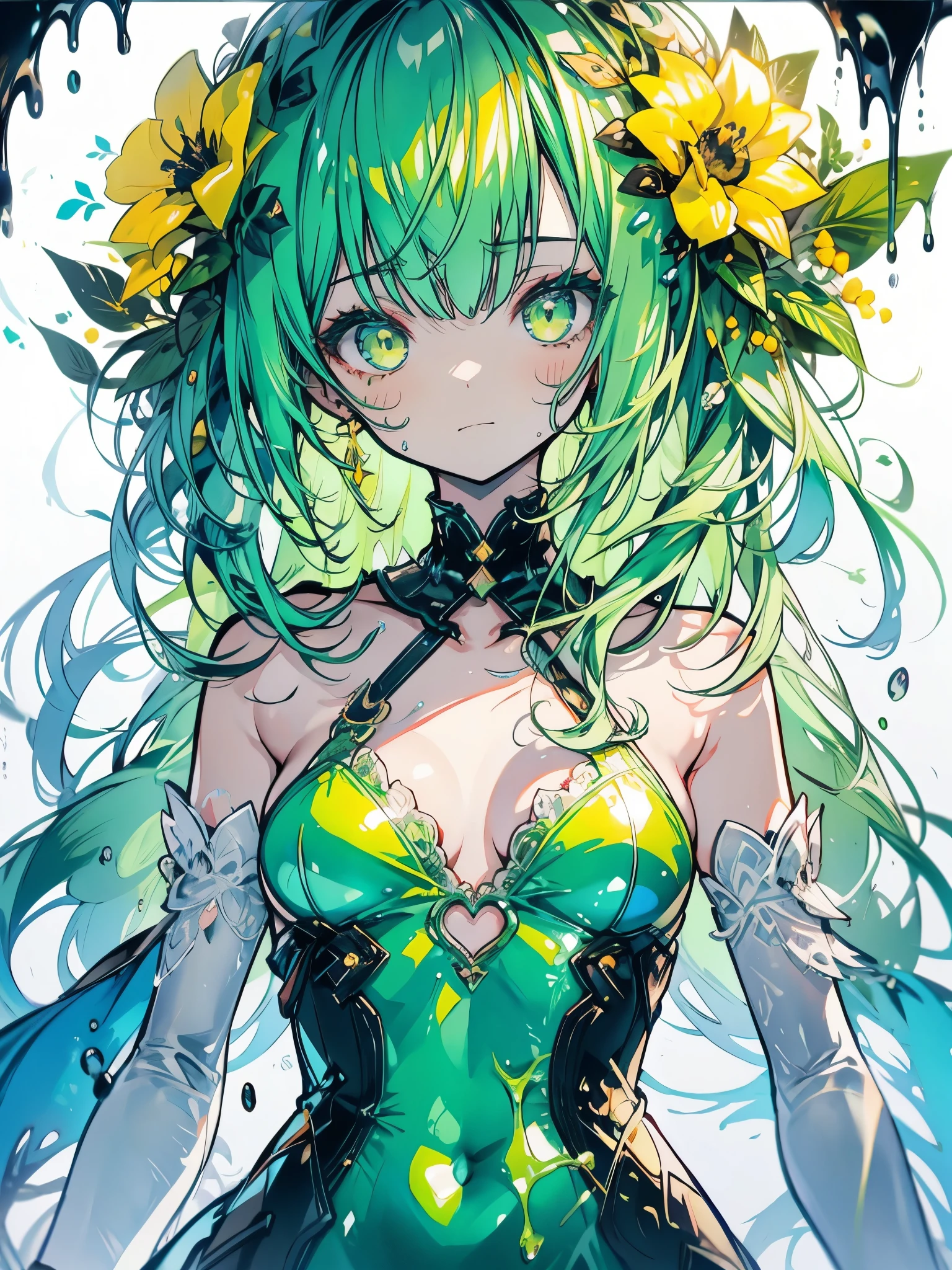 slime, (monster girl), slime verde com verde mais escuro, dripping with yellow slime, ful dressed, work of art, best qualityer, fully body, small round breasts, perky breasts,