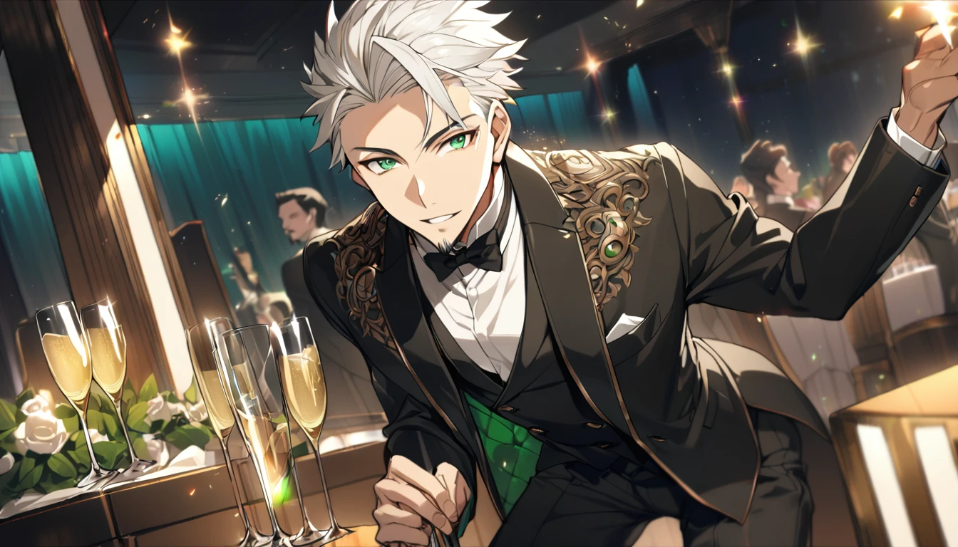 1 boy, male focus, Intricate details, 1 man, handsome, white hair, vibrant green eyes, slim muscles, anime, 19 years old, 19 years old, a small goatee,(the character is wearing an elegant black suit, inside a high class party, he would be with a thin glass of champagne)
)