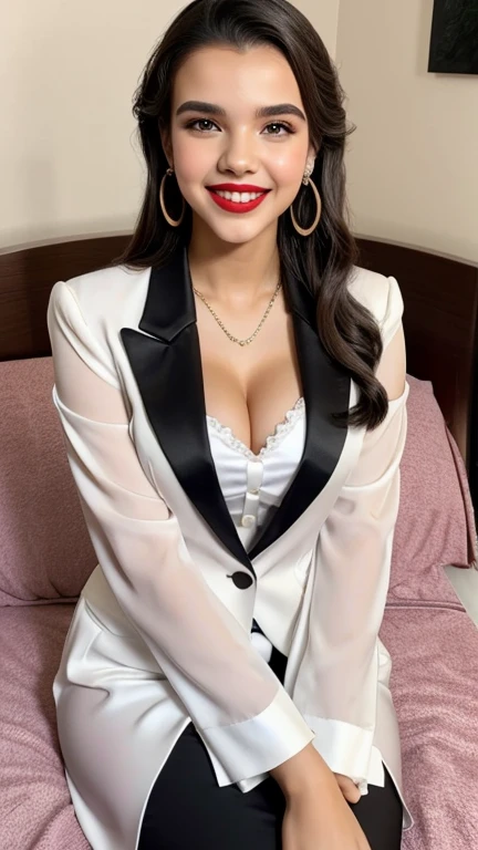 Lilimar Hernandez dressed in sexy formal clothes with painted lips and smiling