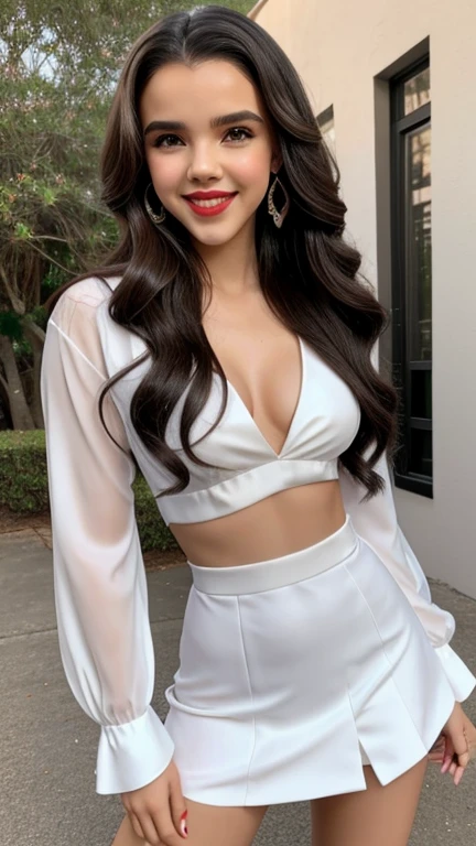 Lilimar Hernandez dressed in sexy formal clothes with painted lips and smiling