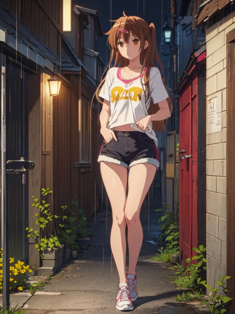 Girl, short shorts, Short unbuttoned Blouse, You can see her breasts, Bare breasts, chest visible, street background, Narrow passage between houses, night, rain, slim body, In full growth, Sneakers , small breast,