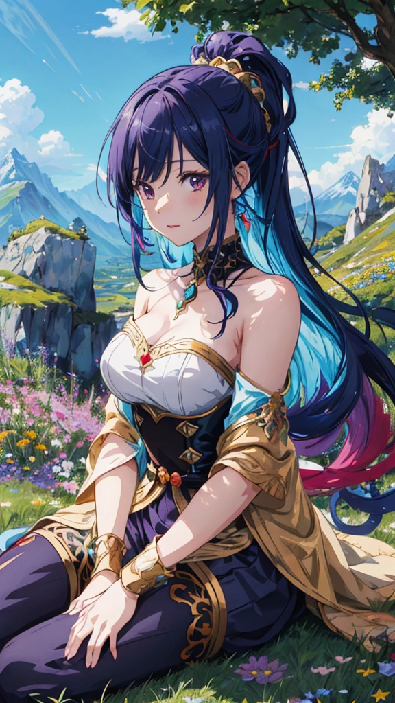 anime-style illustration, The image shows a young woman sitting on the grass watching overlooks the vast expanse of clear blue sky and mountain, flower colorful color blue red green purple yellow, fantasy world medieval, rocks, The scene is depicted in a highly saturated and vibrant style, Vibrant colors include deep purples, electric blues, neon pinks, and shimmering golds. The lighting is ethereal, intense and rich COLORS VIVID, strong exaggerated colors, glowing everywhere, dramatic lighting, epic, majestic, awe-inspiring, mystical, ethereal, The sky above is clear blue sky, The atmosphere is full of magical color films, High Detail.