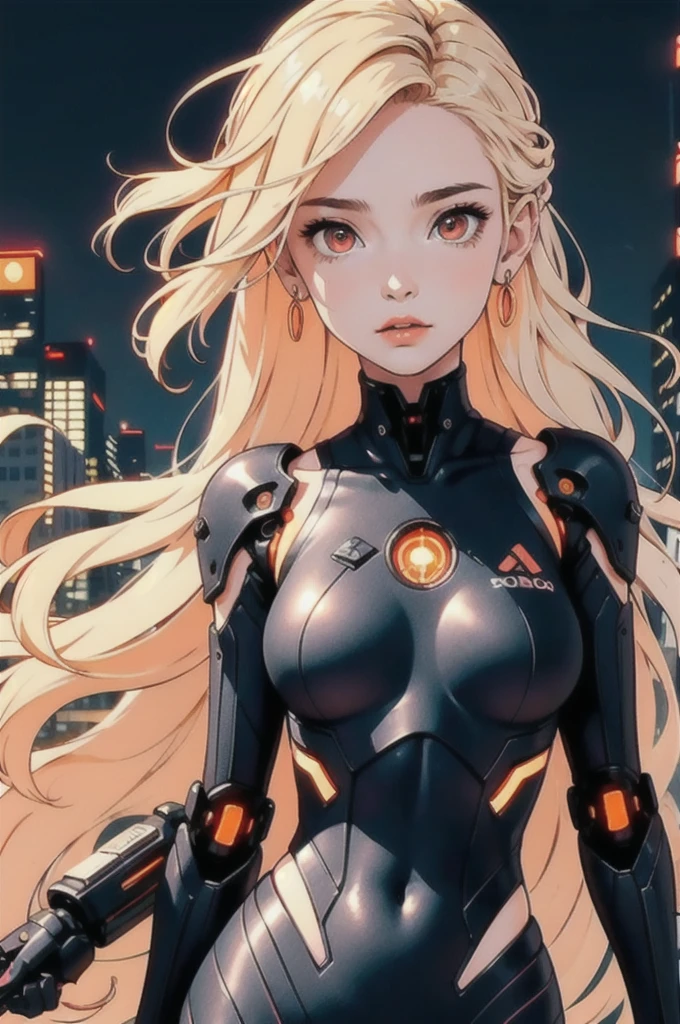 (SFW), Intricate details, One girl, night, (Bright neon colors), ((Flying over a futuristic cyberpunk city)), Detailed Background, (Petite cyborg girl, ((Cute perfect face, Bright red eyes)), (Perfect Anatomy, and firm breasts), (Extremely long orange and white gradient hair, Hair blowing in the wind)), Detailed ribbed impossible bodysuit, Pauldrons, Cybernetic limbs, Dynamic Angle,