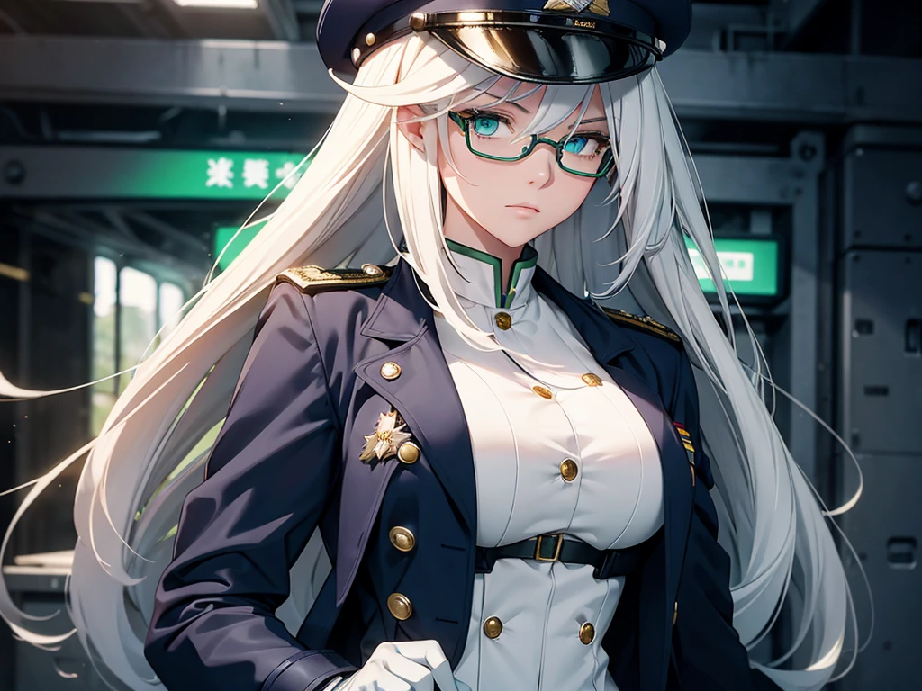 masterpiece, best quality, beautiful girl, white hair with green color inner, green eyes color, blue military uniform, mature_female, eyes glasses , white gloves, anime, blue military hat, very_long_hair, perfect body, red ribbon, commander, science_fiction, black knee-high boots, white pants, cowboy_shot , large_breasts, ultra-detailed, high quality, modern military uniform, sci-fi, dark blue Trench Coat, 1girl, 4k, military base ,perfect hands, POV