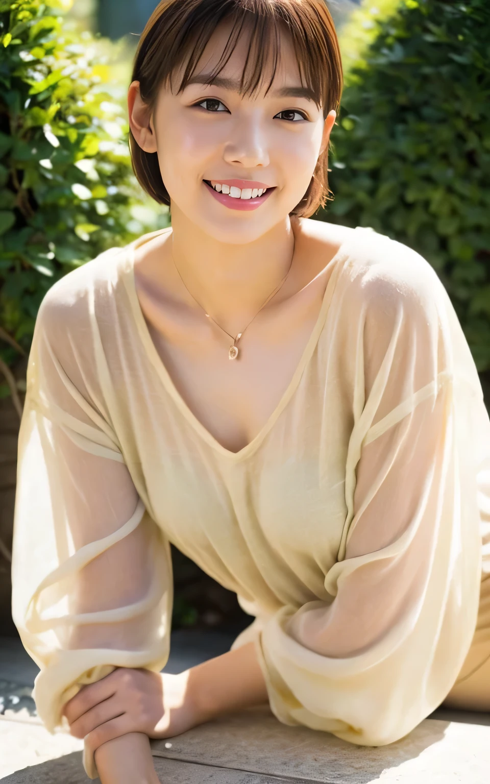 ((8K:1.27)、Highest quality、masterpiece、Ultra-high resolution:1.2)Photo Beautiful Japan woman (Comfortable:1.1) (白いポロshirt:1.21) 、From the knee up、Big Ass,Landscape angle、Designed by Greg Rutkowski and Alphonse Mucha Exquisite Elegance、Fantasy、detailed、geometry、Gradient lighting、One Girl、26 years old、Delicate skin、Looking at the audience、Brown eyes、(Flaxen short hair:1.2)、(Small breasts:1.0)、(middle breast wheel:0.8)、(Photorealistic:1.4)、(Highest quality:1.0)、(Ultra-high resolution:1.0)、(Without the use of hands:1.0)、8K、Raw photo、 (Representative Song: 0.2), (Purelos Face_v1:0.5)、Tight clothing、Tight clothing、tote bag、No sleeve、one piece、No sleeve、See through、smile、necklace、Linen Material、shirt、Ginza 4th Street、after work、evening、Business Fashion、Parted bangs、Hair is tied、Close-up hairstyle、A kind smile、On the chest、invite、Rotate your hips、