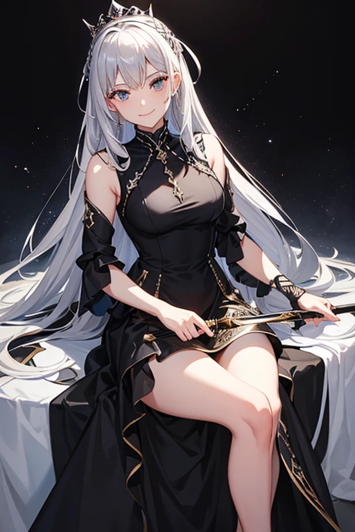 queen(black dress, silver hair), smiling, have 2 short sword,