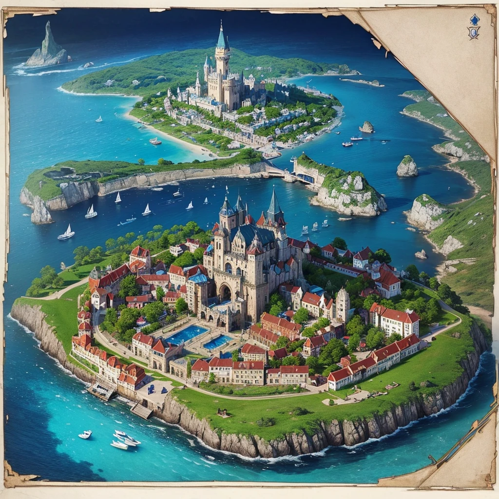 A small magical medieval island city, top-down view, surrounded by walls, houses, various important locations, small wizard's castle, medieval architecture, luminous details, wizard's tower with magical lights, welcoming asylum, vibrant school, robust bank, dark dungeon entrance, lively tavern, military training grounds, bustling market, official mayor's building, discreet brothel, port with docks and boats, blue surrounding water, protective walls, vibrant colors, extreme detail, around 40 people living in the city, D&D map, highly detailed, drawn with extreme detail, alone in the ocean, really small island, rpg drawing, fantasy sketch, various buildings, assymetric, round island, very safe and secure