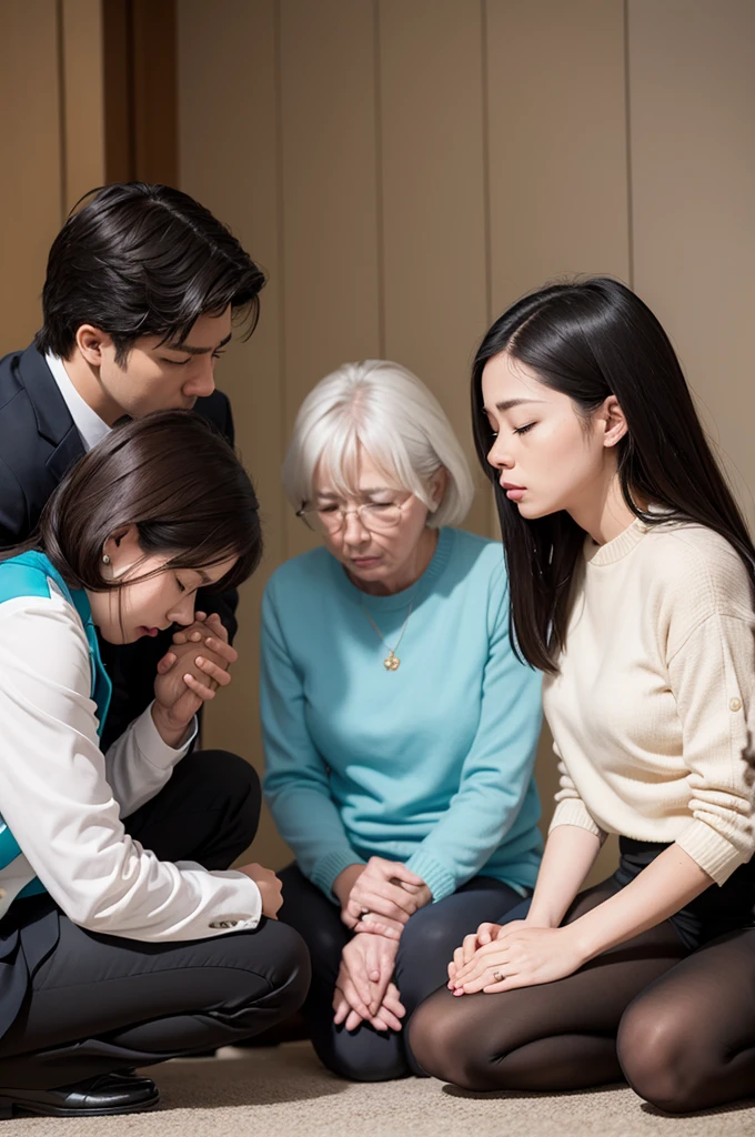 Two men and two women on their knees praying 