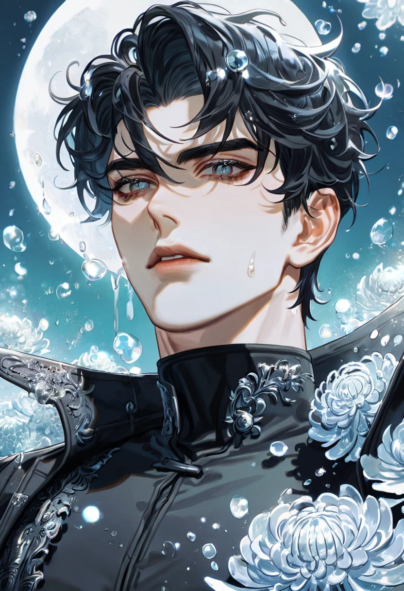 absurdres, highres, ultra detailed, HDR, master piece, best quality, extremely detailed, Yoo Joonghyuk, black hair, expressive gray eyes, Omniscient Reader's Viewpoint, solo, sexy man, handsome, black coat, black tight turtleneck shirt, fantasy, sparkling, ice glittering fireflies, ice moon, ice blossoms, ice chrysanthemums, blue sparkling lights, magical
