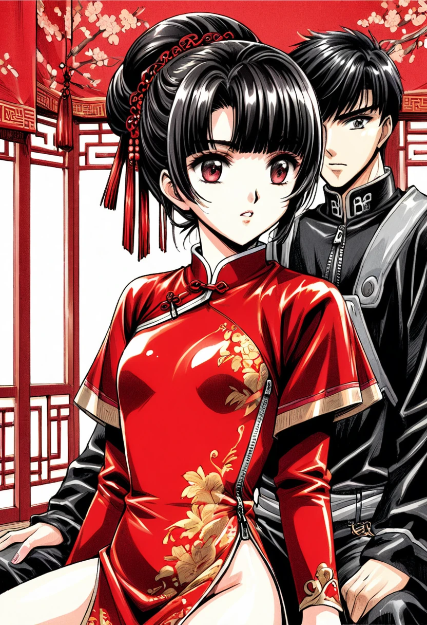 Period drama manga style A 15-year-old super beautiful Chinese young lady with black hair in a bun cut wearing a super shiny red long-sleeved Chinese dress She wears pants with a zipper over her pussy