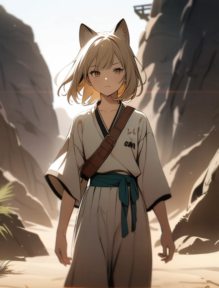 high-key and low-variance brightness scale,soft light,realistic light and shadow, light and dark, ((girl is sand cat:1.2)), neco ears, in desert, (in taureg clothes), very hot, a sun, manga art, professional art, ultra aesthetic, body detailed, 