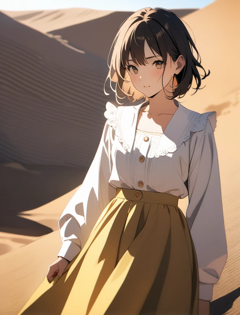 high-key and low-variance brightness scale,soft light,realistic light and shadow, light and dark, ((girl is sand cat:1.2)), neco ears, in desert, (in taureg clothes), very hot, a sun, manga art, professional art, ultra aesthetic, body detailed,