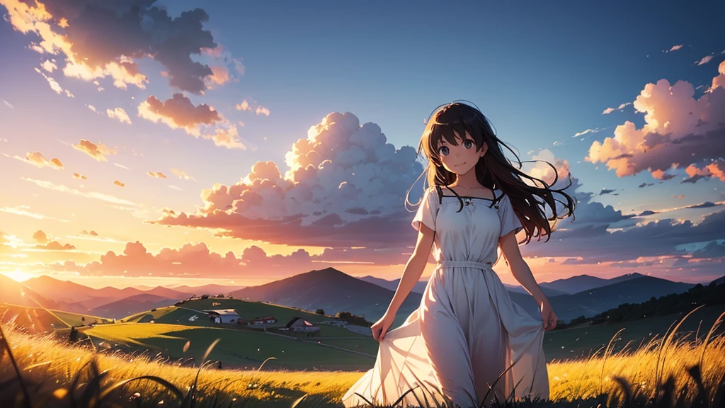 Vast landscape photography、grassland、(View from below、Shows the sky above and below)、High resolution、Highest quality、Very detailed、makoto shinkai、sunset、Girl in white dress looking sideways、smile、College student with long brown hair、Lens blur