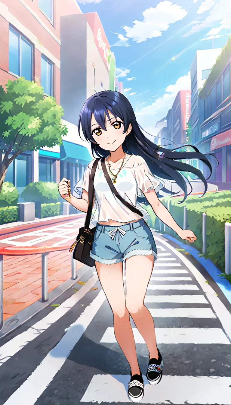 A girl, Sonoda Umi full body, wearing simple clothes going out in the city in midsummer, shorts, id_umi_sonoda, city background