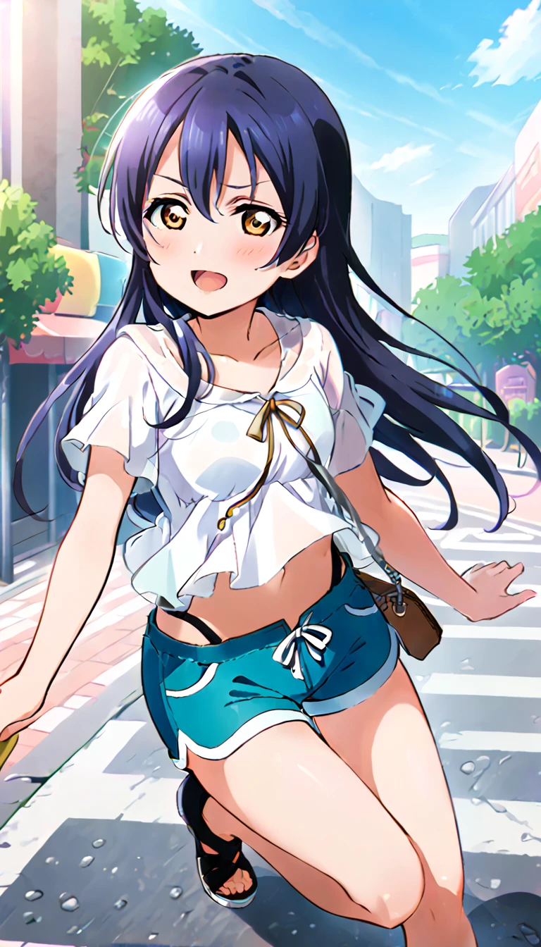 A girl, Sonoda Umi full body, wearing simple clothes going out in the city in midsummer, shorts, id_umi_sonoda, city background