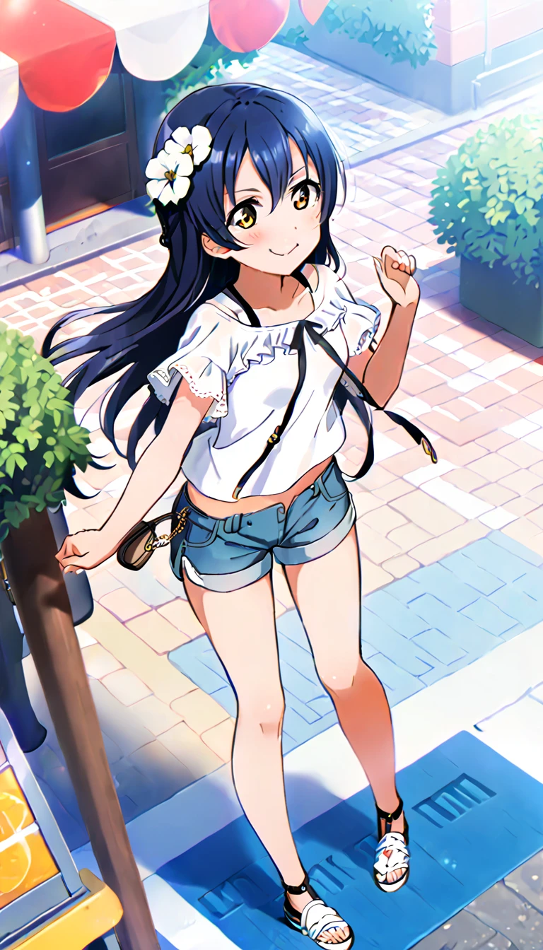 A girl, Sonoda Umi full body, wearing simple clothes going out in the city in midsummer, shorts, id_umi_sonoda, city background