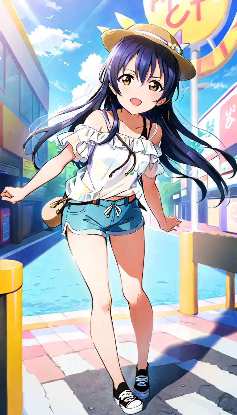 A girl, Sonoda Umi full body, wearing simple clothes going out in the city in midsummer, shorts, id_umi_sonoda, city background