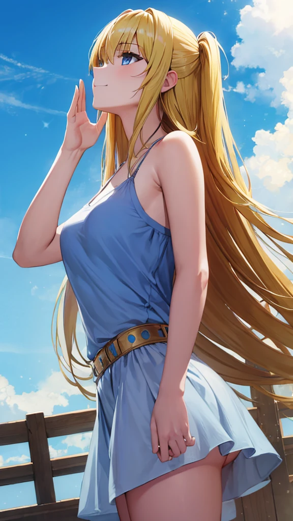 (masterpiece:1.3), (best quality:1.1), (8k, ultra detailed, ultra high res:1.2), ((anime style)), perfect 5 fingers, perfect anatomy,
1girl,
BREAK long hair, wavy hair,
(blonde hair),
(blue eyes),
medium breasts, camisole, (Sequins:1.2),
BREAK smile,
(gazing skyward:1.4), sky, standing, shoot from side,
cowboy shot,
outdoor, sky,