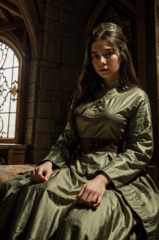 create a 15 year old medieval queen, similar to young Alicent Hightower (house of the dragon, Series)
