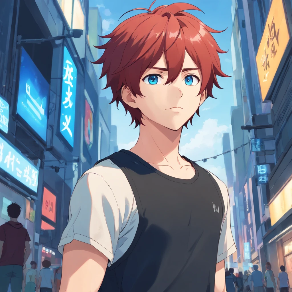 Buff teenage boy, shaggy red hair, blue eyes, short pointed ears, black crop top
