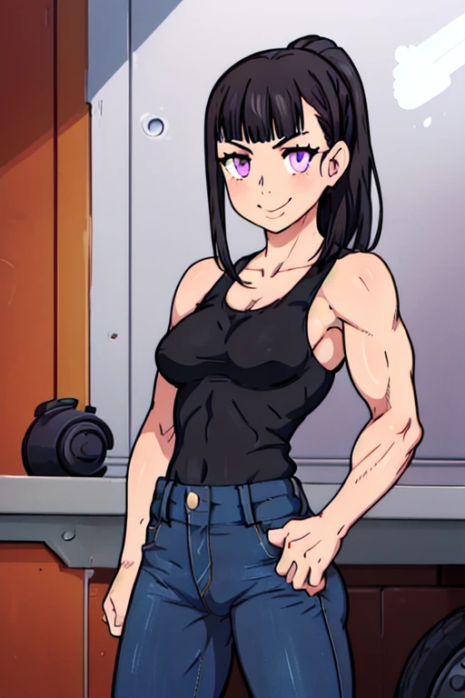 (masterpiece, best quality:1.2), solo, 1girl, valmet, muscular, smile, looking at viewer, hand on hip, purple eyes, black tank top, jeans 