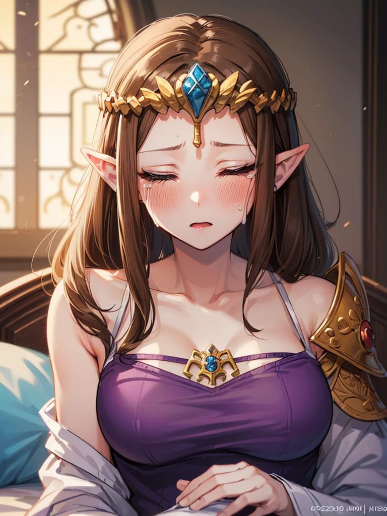 ((Very detailed and beautiful face)),((Please show me your armpits)),((close up of face)),((((Exposed breasts)))),()),((Exposed shoulders)),((((Upper Body)))),((Are crying)),,((alone))Anime art style,masterpiece,(Highest quality), (Very detailedな),(とても繊細でbeautiful),(alone),(Detailed face ),(((Close your eyes))),(((((Mature Woman,Queen))))),((とてもbeautiful肖像画)),((crinoline)),,((Straight Long Hair),((Close one eye)),((Open your mouth)),(((Purple blouse))),((Embarrassed expression)),((Dark brown hair)),Blushing,Princess Zelda, ((Highest quality)), (Very detailed), ,(((constrained))),beauty,beautiful,Princess Zelda, Ticker,)),
((At the bed))Nintendo, The Legend of Zelda