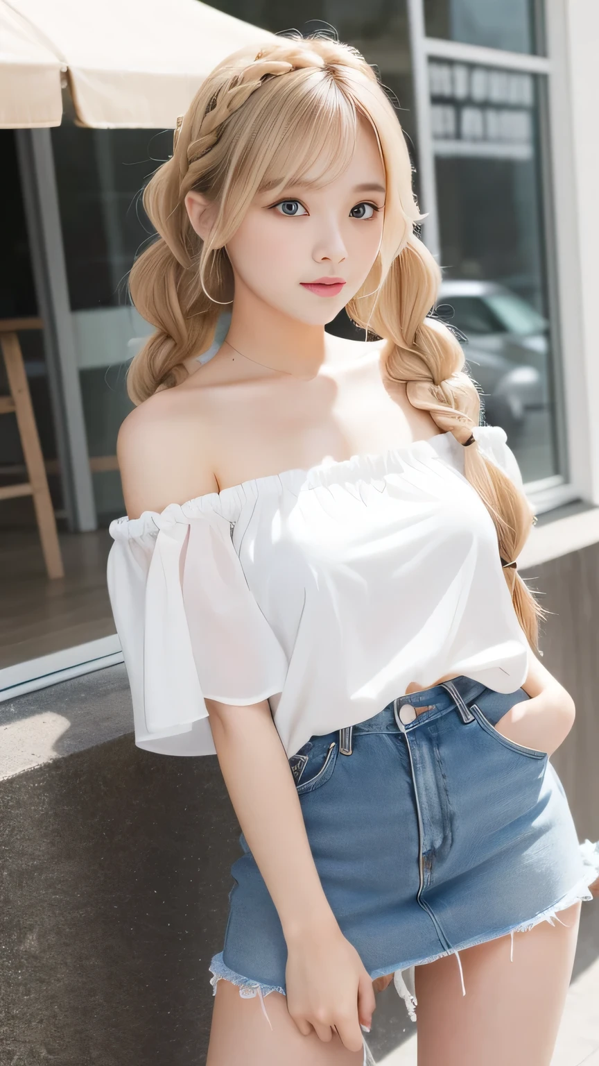 Sexy Big 、A cute 21-year-old girl with a sexy and cute look, Beautiful and sexy face、A strong wind blows my hair in front of my face、Blonde French braids with cute and sexy eyes hidden by long bangs、Off-the-shoulder T-shirt、Tulle miniskirt