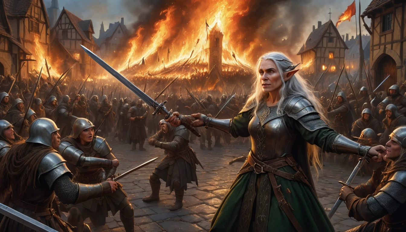 Highly detailed, UHD, 32k, medieval fantasy, heavy metal magazine cover, oil on canvas. Multiple subjects. Medieval cinematic War scene. An elderly elf lady fighting a human army, she is trading sword blows with a burly human with a silver sword. The scenery is a human town in flames. 