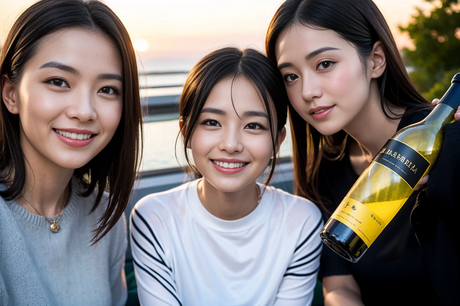 ((Highest quality、、masterpiece:1.3))、1 male、1 female,44 years old 39 years old、Shine the light on my face、Slim Beauty、Beautiful couple、Upper Body、smile、 (Slim face), (the body is スリム), (Brown Hair), (Shortcuts), テーブルのフルコースディナーとwine glass、Amazing view of the sunset sky and clouds、smileの美しさ、Wine bottle、sparkling wine、Long sleeve shirt、dress、White wine, red wine, wine glass, Beautiful fine grain, Depth f/2,saturation, High Contrast, Strong light and shadow,Moist Body:1.5、 texture、The hair is very shiny、