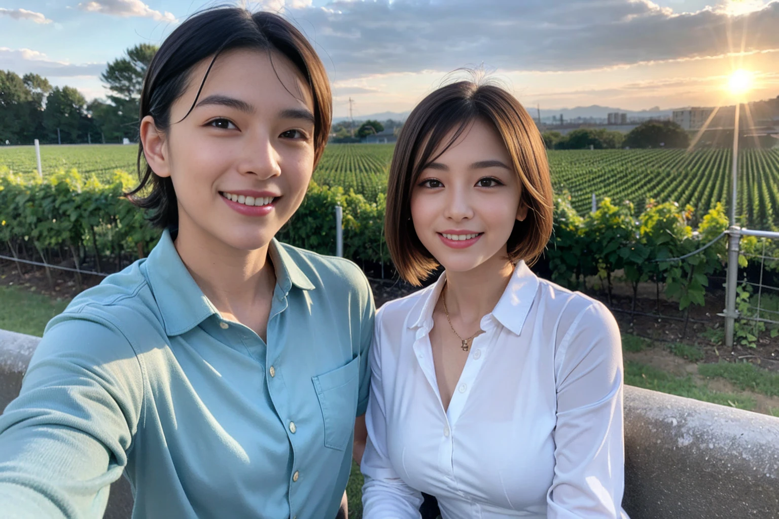 ((Highest quality、、masterpiece:1.3))、1 male、1 female,44 years old 39 years old、Shine the light on my face、Slim Beauty、Beautiful couple、Upper Body、smile、 (Slim face), (the body is スリム), (Brown Hair), (Shortcuts), テーブルのフルコースディナーとwine glass、Amazing view of the sunset sky and clouds、smileの美しさ、Wine bottle、sparkling wine、Long sleeve shirt、dress、White wine, red wine, wine glass, Beautiful fine grain, Depth f/2,saturation, High Contrast, Strong light and shadow,Moist Body:1.5、 texture、The hair is very shiny、