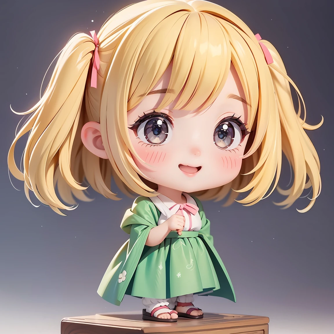 Super Chibi Character:1.8、wearing cute sandals、background:Simple all over、Blonde Hair、Cute 7 year old girl、Random cute outfits、Short legs、Sandals with ribbon、Cute pose、Super Happy Smile:1.8