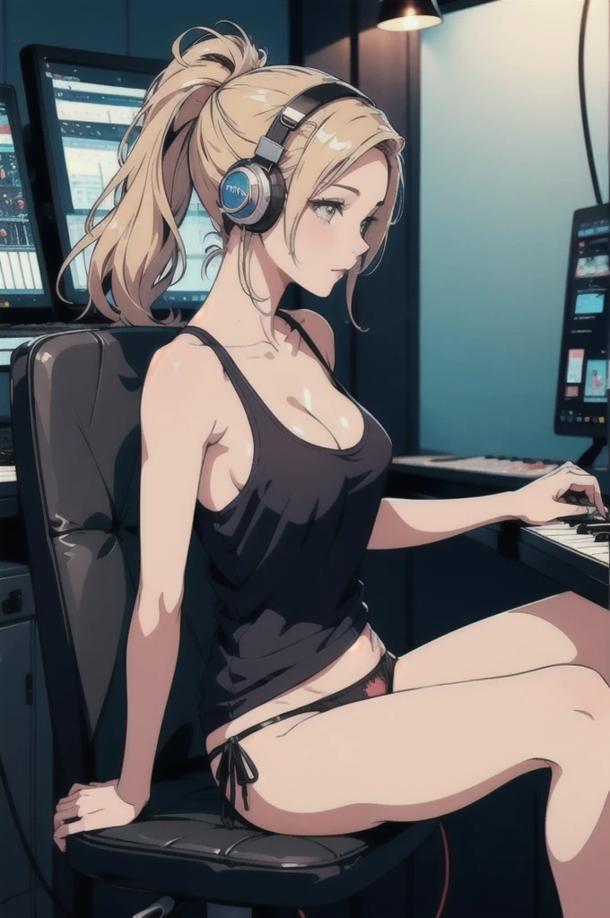 Fascinating, High resolution, Beautiful anime-style photorealistic illustrations, A slim, toned, busty woman. She is sitting in a music studio, He is concentrating on tuning his guitar with headphones on.. The woman is wearing a revealing, thin tank top and cute panties., Long blonde hair tied in a high ponytail. In the background々Various instruments and equipment are on display, Create a cozy and creative atmosphere.