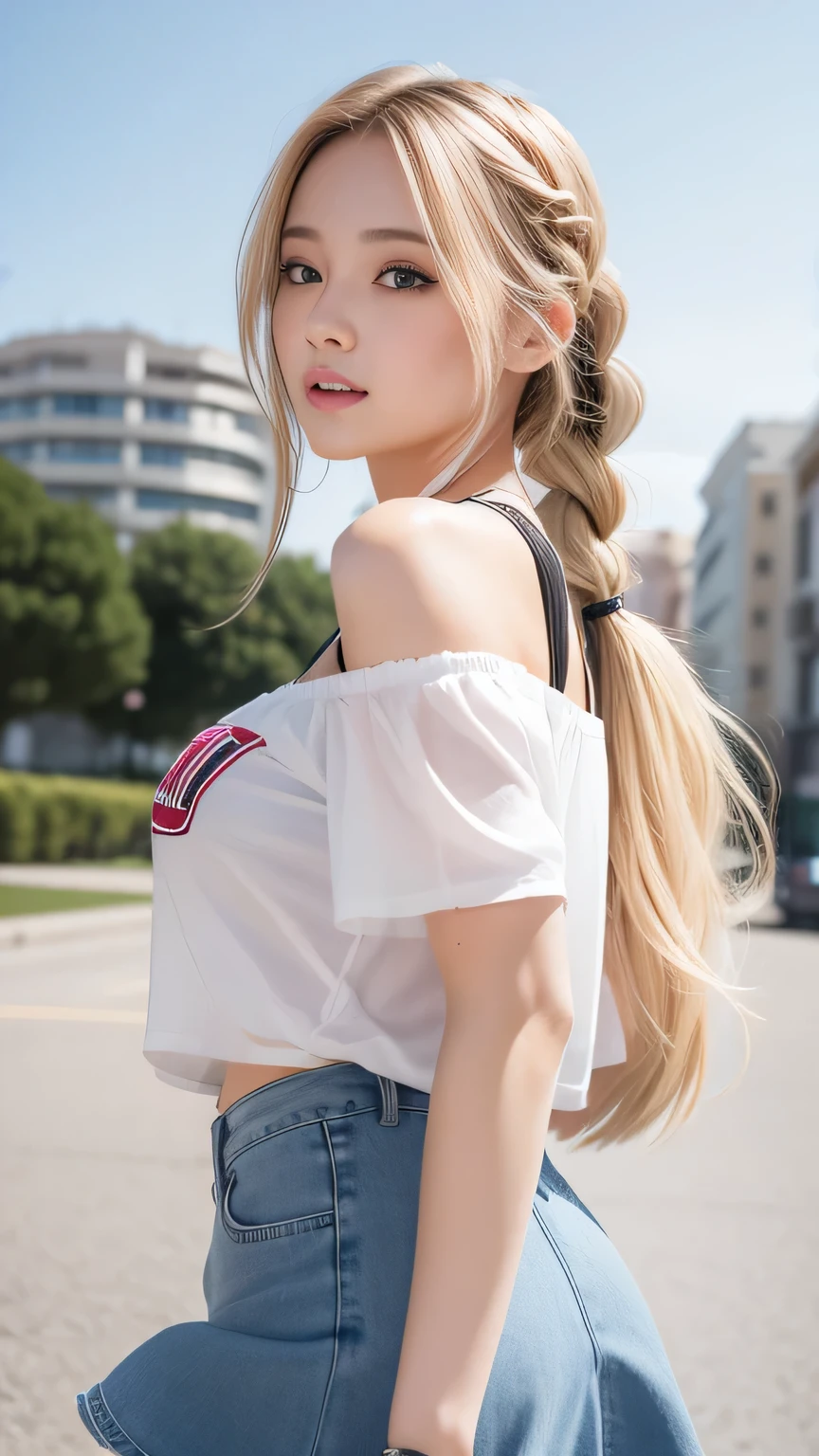 Sexy Big 、A cute 21-year-old girl with a sexy and cute look, Beautiful and sexy face、A strong wind blows my hair in front of my face、Blonde French braids with cute and sexy eyes hidden by long bangs、Off-the-shoulder T-shirt、Tulle miniskirt