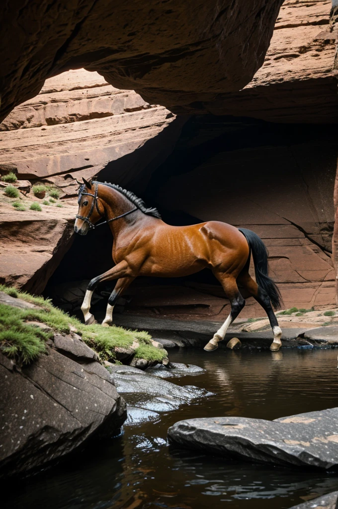 A horse in the chasm of a rock