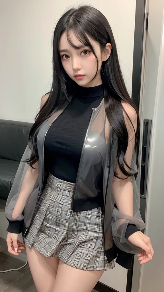 Black Hair、Brown eyes、Beauty、Gal、The front hair is up、long hair、Long eyelashes、Big Eyes、Wearing a see-through jacket、Grey checked mini skirt、Cleavage、tits、whole body、Great thighs、Beautiful legs、Beautiful abs、Slimy skin、Oily skin、White skin、Light reflecting skin、Glossy finish、Realistic details、Perfect body