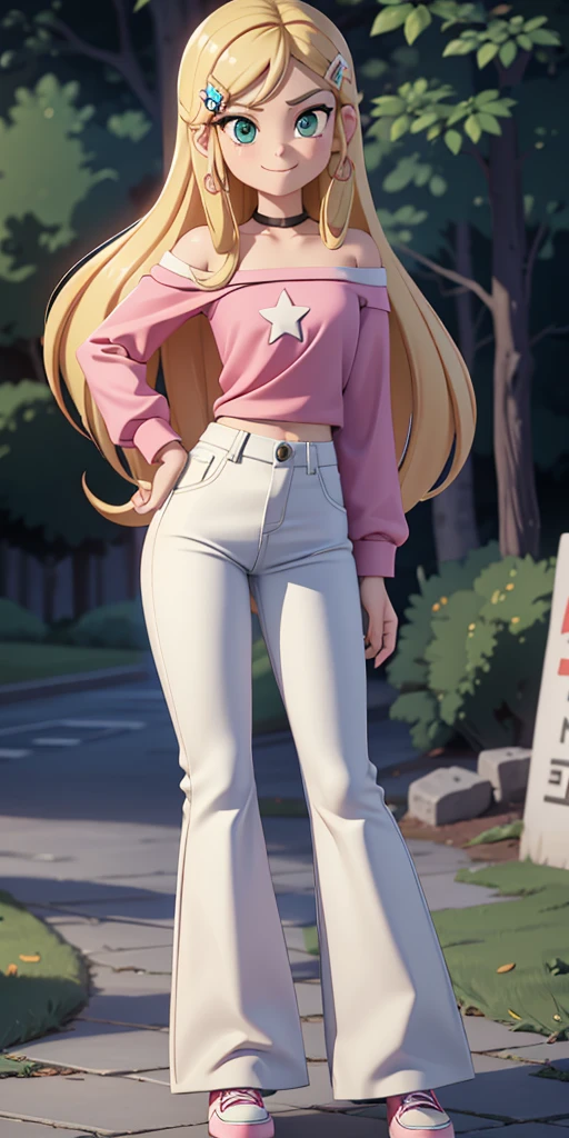 score_9, source_cartoon, masterpiece, best quality, 1girl, solo, Kelly Marra, looking very happy, long hair, blonde hair, cute green eyes, hair ornament, white long sleeves, hairclip, flare blue pants(Wide flares on pants:1.2), pink shoes, off shoulder, white star (symbol) in the middle of the shirt, Pink t-shirt,
