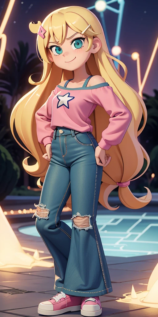 score_9, source_cartoon, masterpiece, best quality, 1girl, solo, Kelly Marra, looking very happy, long hair, blonde hair, cute green eyes, hair ornament, white long sleeves, hairclip, flare blue pants(Wide flares on pants:1.2), pink shoes, off shoulder, white star (symbol) in the middle of the shirt, Pink t-shirt,
