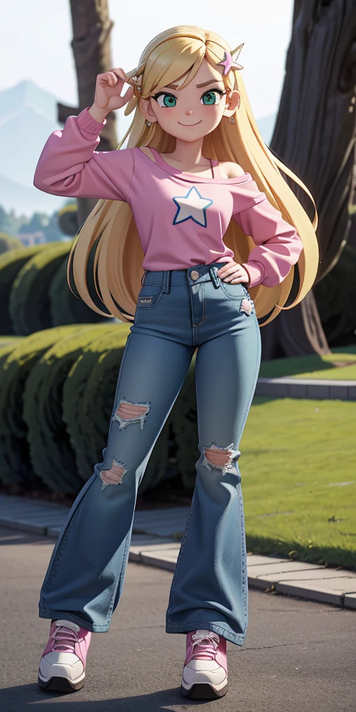 score_9, source_cartoon, masterpiece, best quality, 1girl, solo, Kelly Marra, looking very happy, long hair, blonde hair, cute green eyes, hair ornament, white long sleeves, hairclip, flare blue pants(Wide flares on pants:1.2), pink shoes, off shoulder, white star (symbol) in the middle of the shirt, Pink t-shirt,
