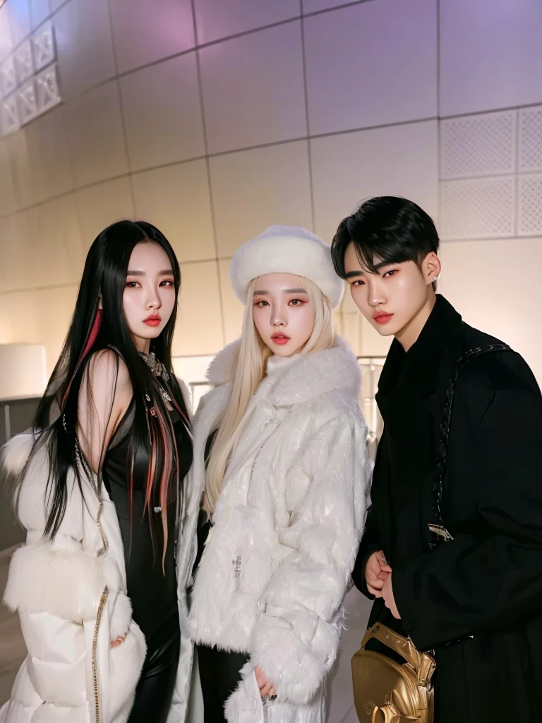 three people posing for a picture in a white fur coat, ava max, ulzzang, profile pic, korean artist, yanjun chengt, xision wu, nixeu and sakimichan, leaked image, lv, jia, kda and sam yang, 8k)), #oc, # oc, luts, with long white hair