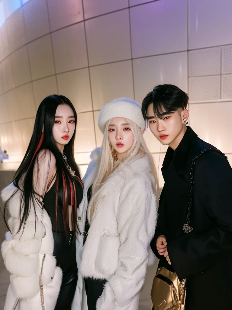 three people posing for a picture in a white fur coat, ava max, ulzzang, profile pic, korean artist, yanjun chengt, xision wu, nixeu and sakimichan, leaked image, lv, jia, kda and sam yang, 8k)), #oc, # oc, luts, with long white hair