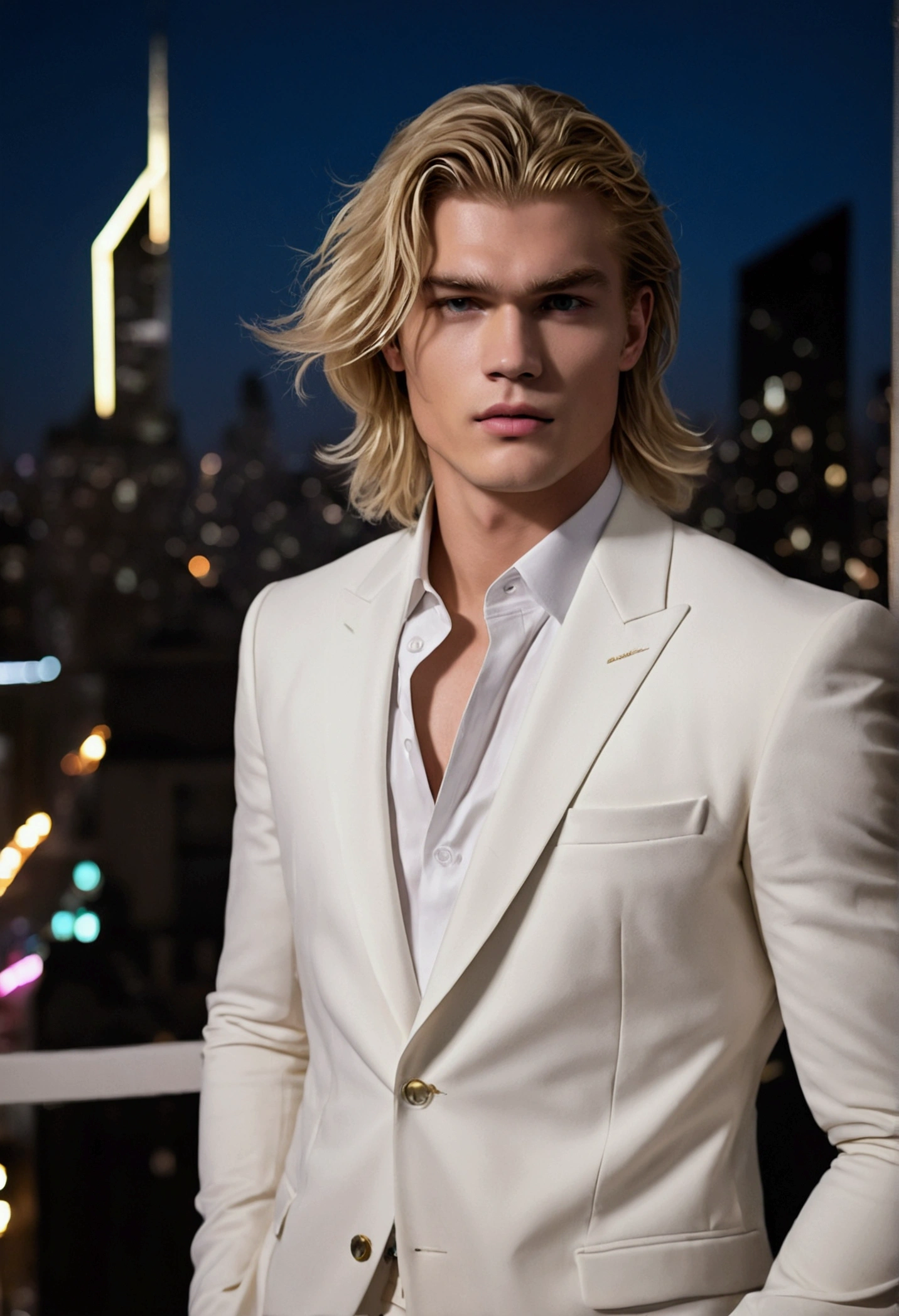 masterpiece, highest quality, (solo focus), (perfect face:1.1), (high detail:1.1), (hyper detailed eyes), dramatic, (1guy:0.5), (pale skin), long blonde hair, ethereal eyes, (light eyebrows), solo, long hair, Jordan Barrett, moon, night, white luxury suit, covered navel, pouty lips, fur, proud expression, futuristic city, detailed background, art by artgerm, cinematic lighting, roses, fashion, BalenciagaStyle