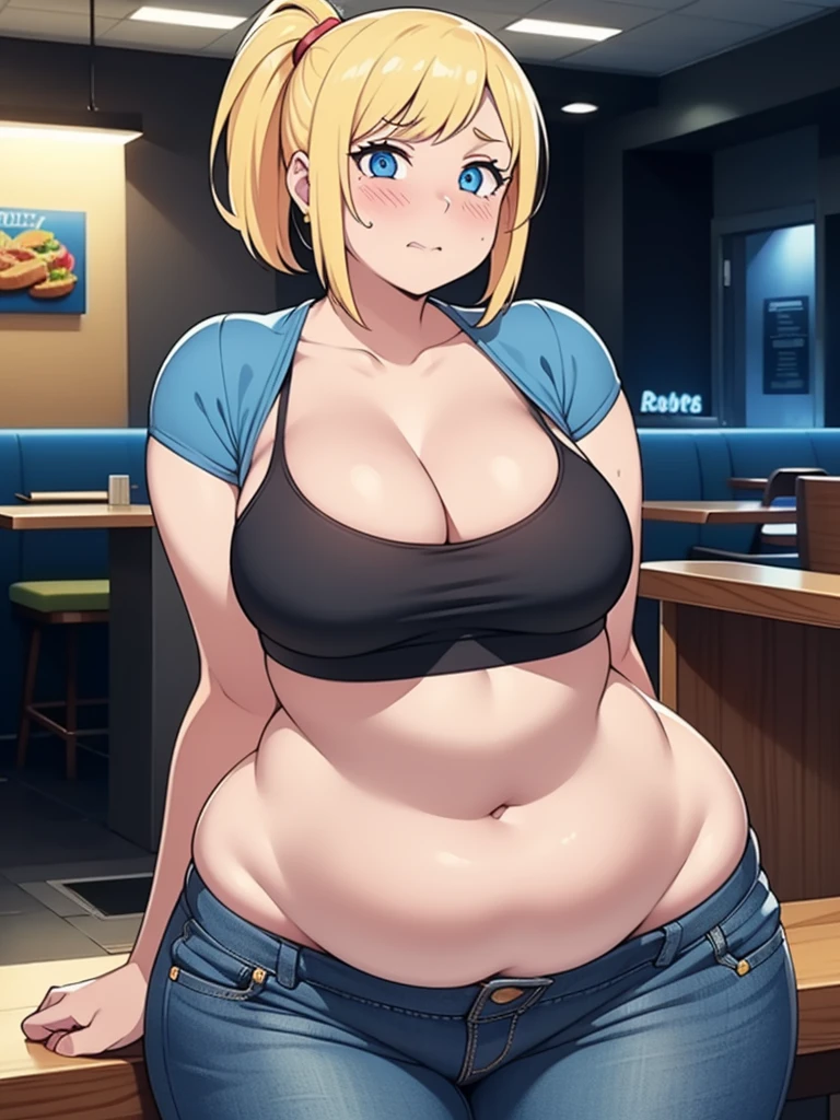 ((Masterpiece)), perfect anatomy, perfect shading, field of depth, (best quality), extremely delicate and beautiful, perfect lighting, detailed face, ultra cute face, cute, ((1girl)), ((solo))
short fluffy blonde hair, ponytail, blue eyes, ((blush)), nervous, looking at viewer, crop top, jeans, cleavage, large breasts, ((thick thighs)), (wide hips), chubby, chubby belly,
intricate background, detailed background, fast food restaurant, arms behind back,