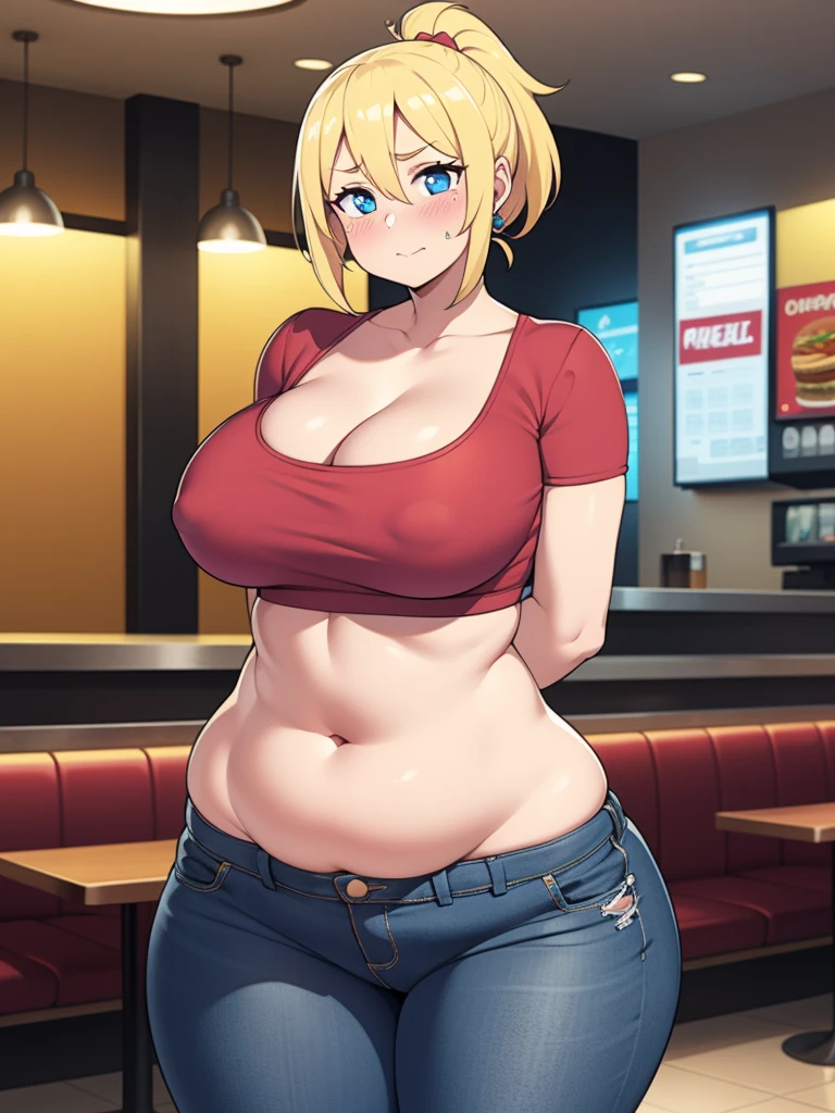 ((Masterpiece)), perfect anatomy, perfect shading, field of depth, (best quality), extremely delicate and beautiful, perfect lighting, detailed face, ultra cute face, cute, ((1girl)), ((solo))

short fluffy blonde hair, ponytail, blue eyes, ((blush)), nervous, looking at viewer, crop top, jeans, cleavage, large breasts, ((thick thighs)), (wide hips), chubby, chubby belly, 

intricate background, detailed background, fast food restaurant, arms behind back,
