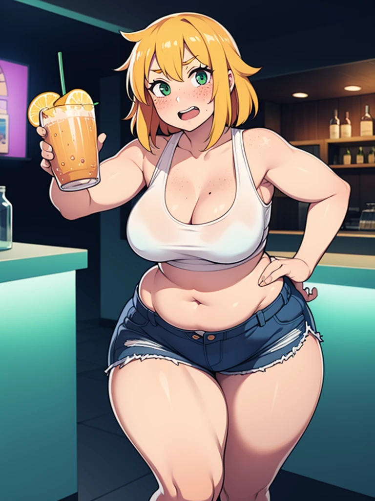 ((Masterpiece)), perfect anatomy, perfect shading, field of depth, (best quality), extremely delicate and beautiful, perfect lighting, detailed face, ultra cute face, cute, ((1girl)), ((solo))
long fluffy orange hair, green eyes, freckles, ((blush)), nervous, looking at viewer, crop top, shorts, cleavage, small breasts, (((thick thighs))), ((wide hips)), chubby,
intricate background, detailed background, fast food restaurant, holding drink,