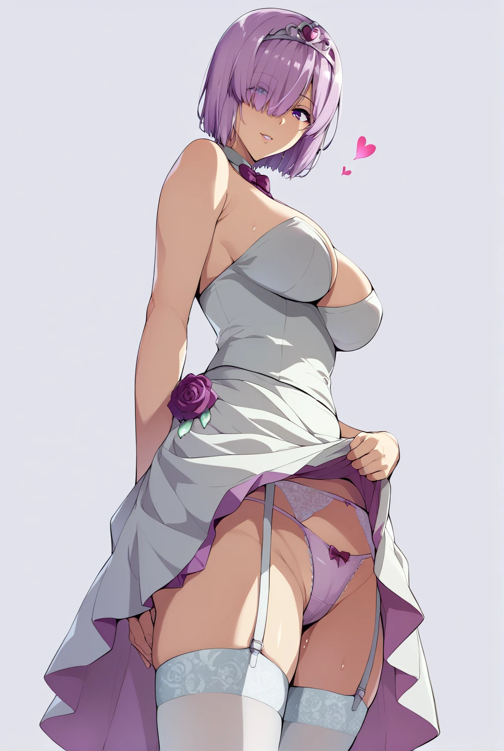 (Multiple Used Condoms Skirt)、front、Ultra-detailed illustrations、Ultra-precise expression、masterpiece、Highest quality、ultra High resolution、High resolution、Hiromitsu Takeda Style、Angle from the side、White background、Simple Background、Character portrait、One girl、solo、Mash Kyrielight、light purple hair,short hair,hair over one eyes、Wedding dress、Heart Tiara、White tights、Frill Panties、garter belt、