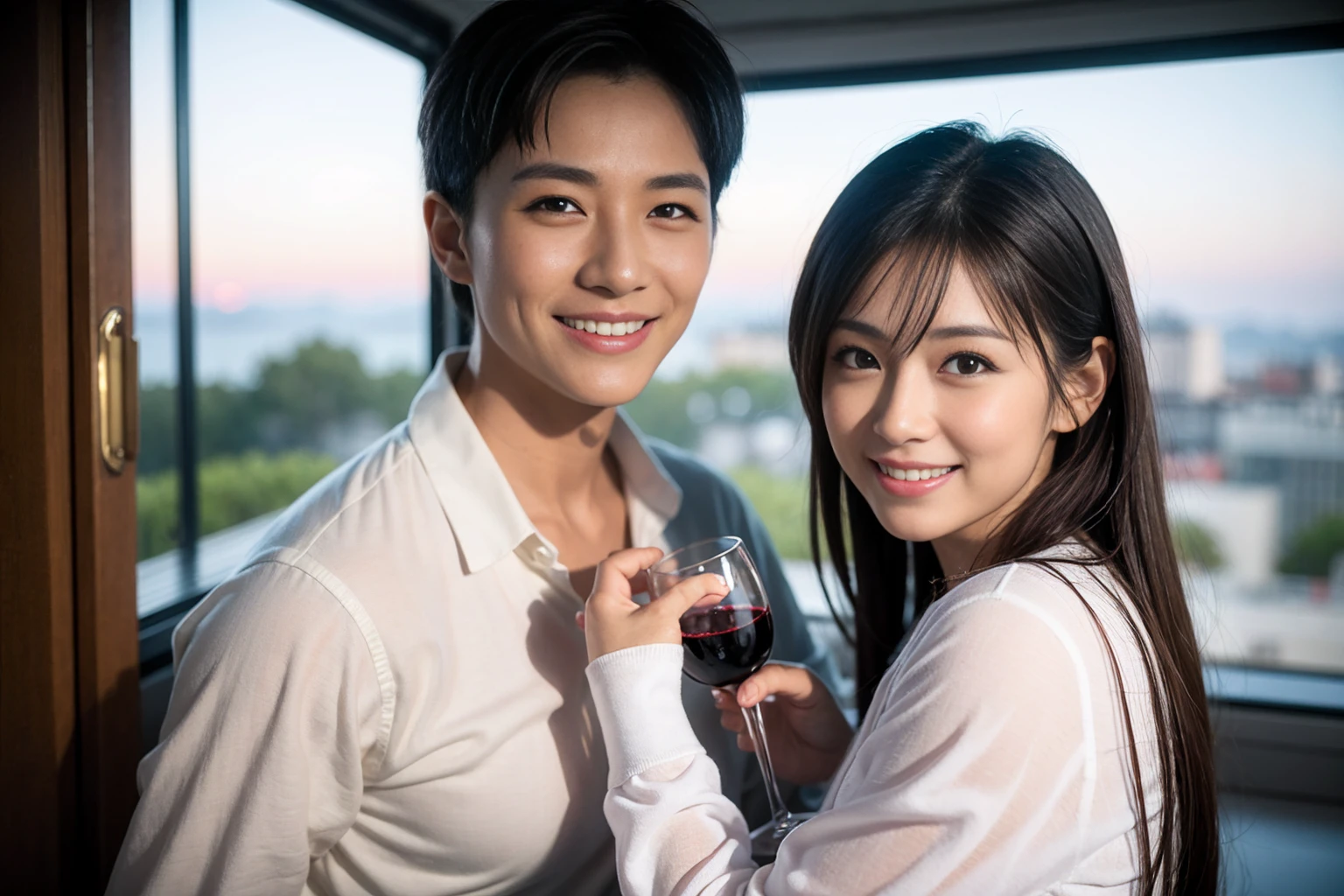 ((Highest quality、、masterpiece:1.3))、1 male、1 female,44 years old 39 years old、Shine the light on my face、Slim Beauty、Beautiful couple、Upper Body、smile、 (Slim face), (the body is スリム), (Brown Hair), (Shortcuts), テーブルのフルコースディナーとwine glass、Amazing view of the sunset sky and clouds、smileの美しさ、Wine bottle、sparkling wine、Long sleeve shirt、dress、White wine, red wine, wine glass, Beautiful fine grain, Depth f/2,saturation, High Contrast, Strong light and shadow,Moist Body:1.5、 texture、The hair is very shiny、